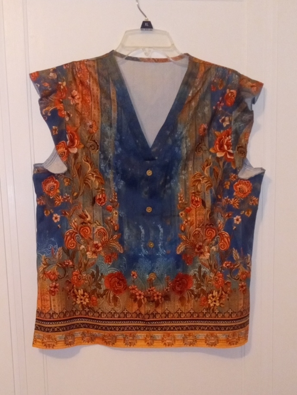 women large cap sleeve top blue orange beige bold print design
